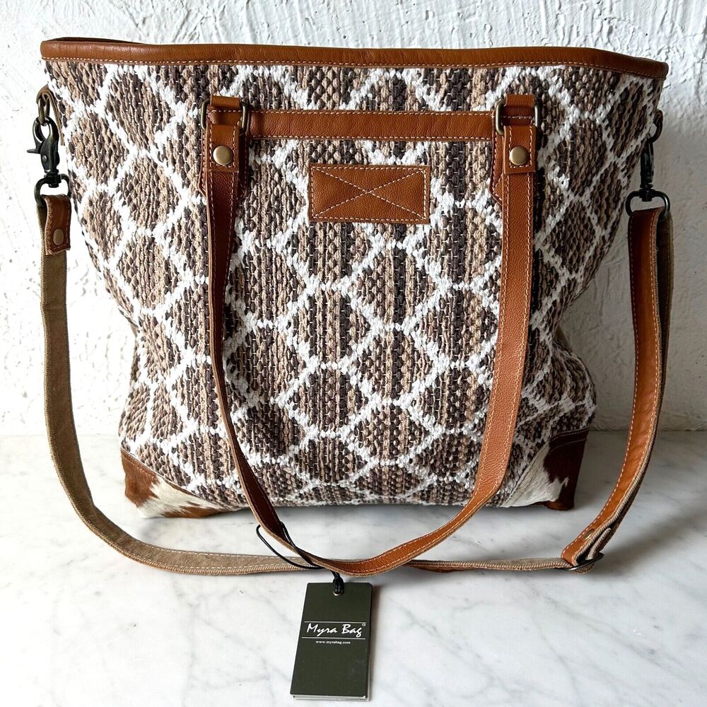 Myra Bag Crossbody Purse Upcycled Brown Ivory Canvas Cowhide Tote Perfect Match